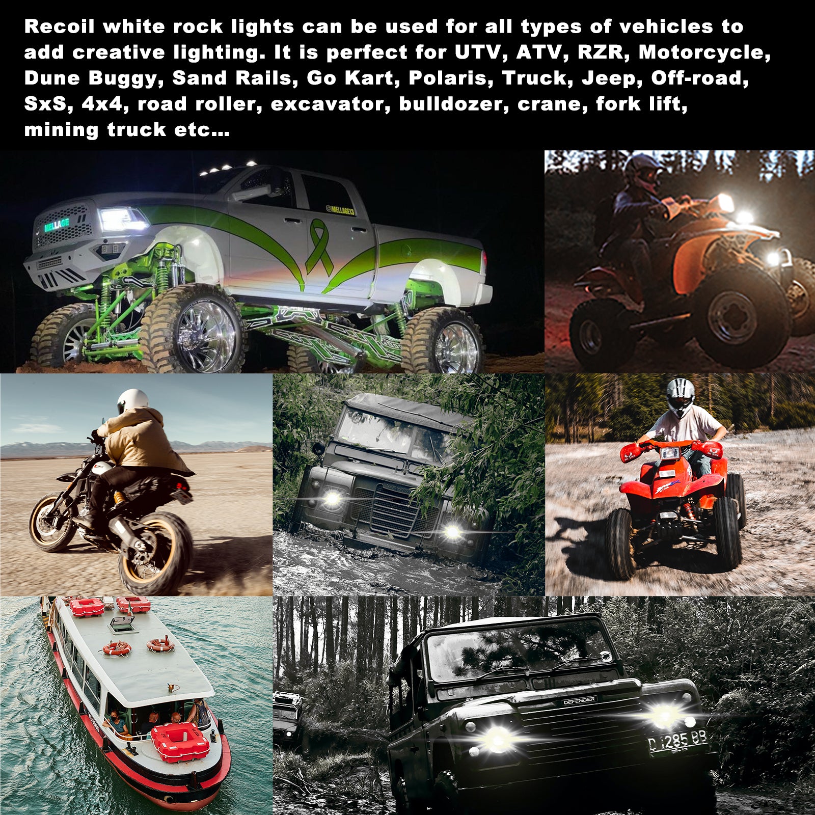 RLW-20 - IP68 Waterproof White LED Rock Lights 20 Pods, Under-glow White LED Light for Car Truck ATV UTV Suv Off-road Boat Motorcycle Vehicle, Under Body Glow Light Lamp Trail Fender Lighting