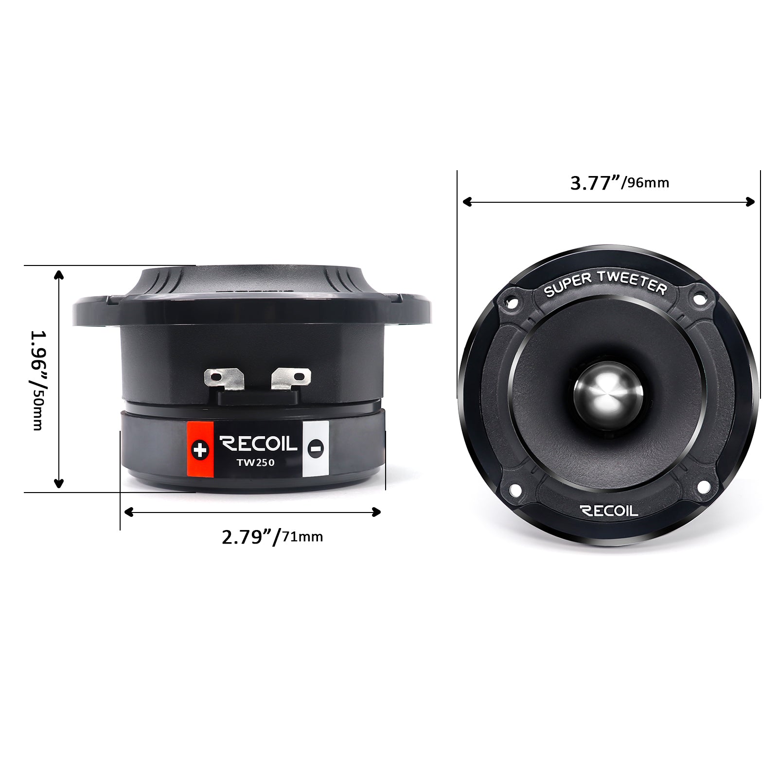 TW250 - High Compression Bullet Super Tweeters, 1-inch High-temperature Kapton Voice Coil, Aluminum Frame and Diaphragm, 4 Ohms, Slim Design for Pro Car Audio, Pair