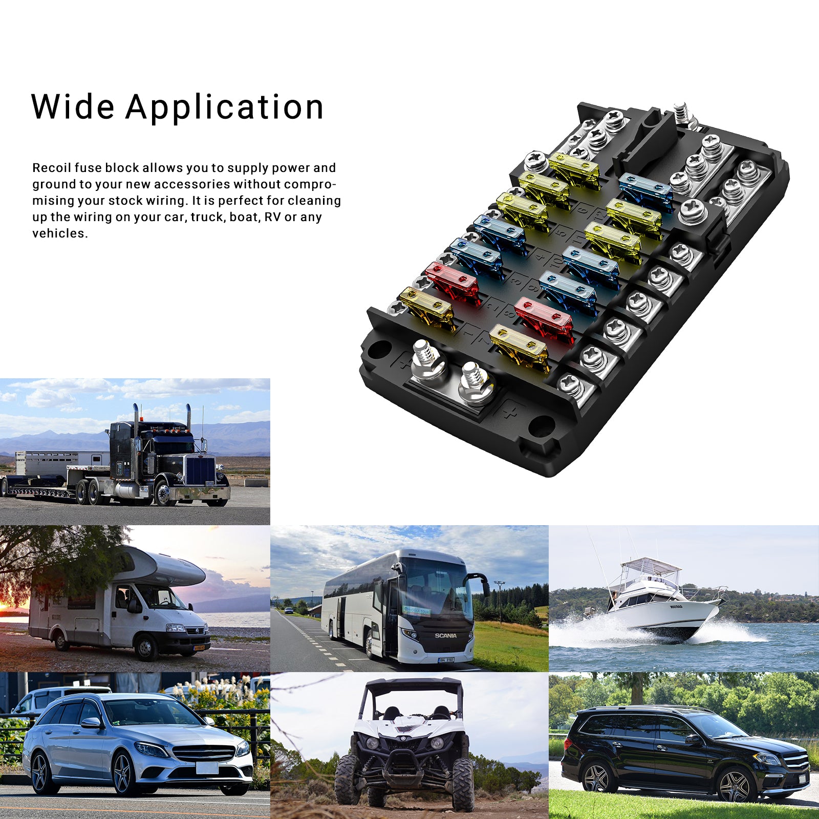 AFG12 - 12-way Atc/ato Fuse Block with Negative Busbar, 12-circuit Power & Ground Combo Block for Car RV Truck Boat Utv/atv, Bolt Terminals, 24pcs Fuses, Screws, Fuse Tool & Sticker Labels