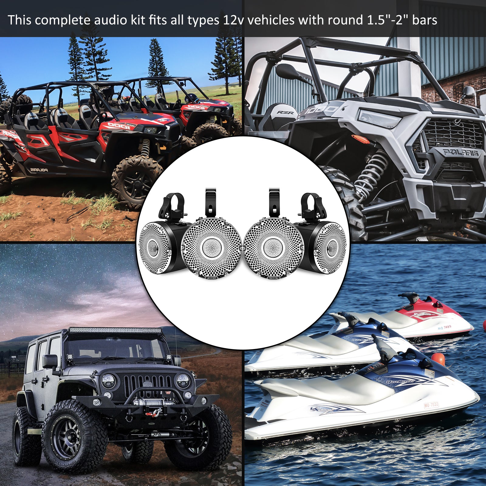 R4-Q - Complete Marine 400 Watts Quad Speakers Audio System, Two Pairs Super Loud 4” Speaker Pods with 3” Passive Radiators, 4-channel Marine Amplifier, Bt Controller, for UTV, ATV, Golf Cart, Boat, Off-road Motorsports Audio