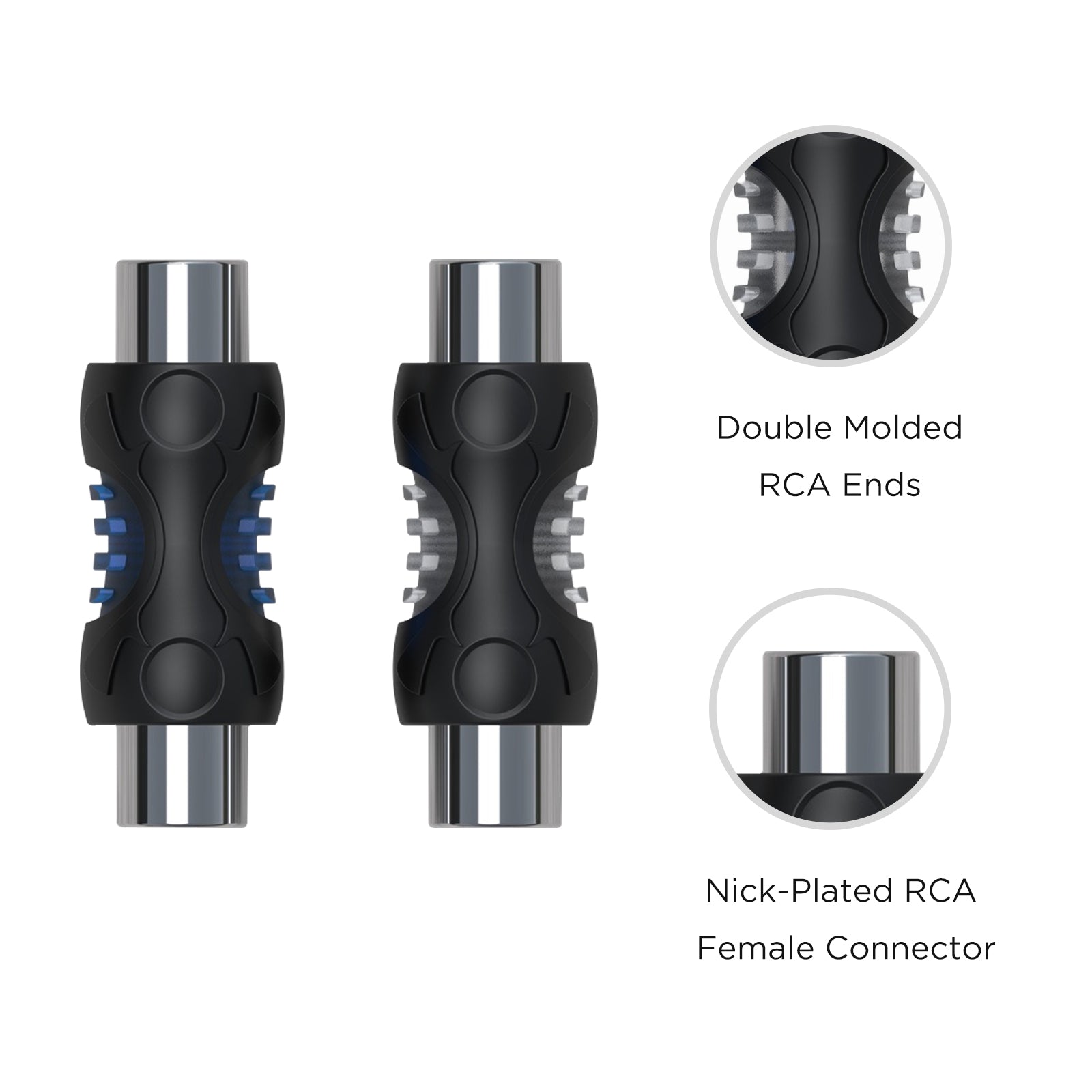 RCA-S - Speaker Wire to RCA Adapter with RCA Female to Female Coupler (pair), Dual Injection Molded RCA Ends