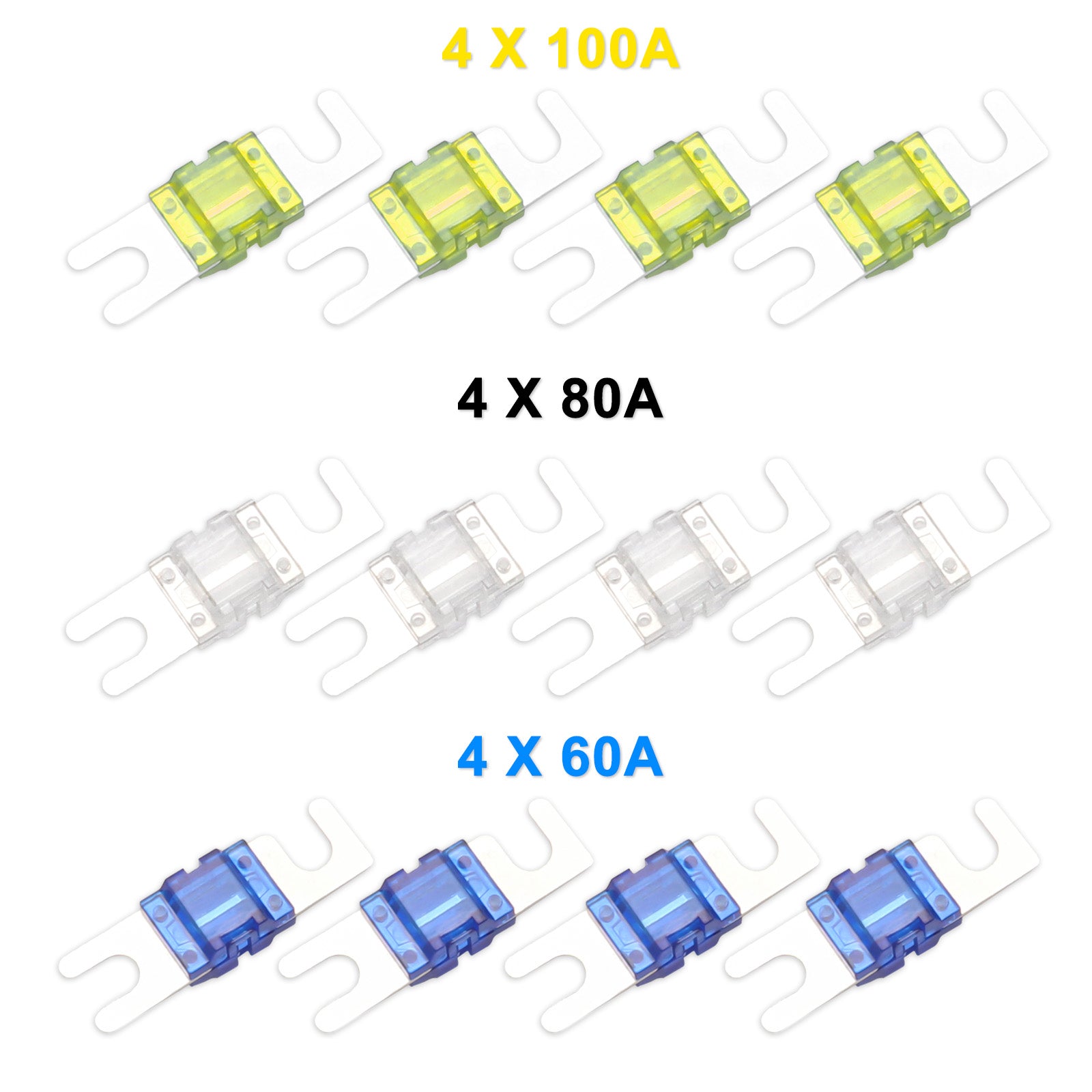 MPG4 - 4-way Mini-anl Fused Distribution Block with 4-way Ground Block, Each Positive and Negative Block with Two 0/2/4 Gauge Inputs & Four 4/8 Gauge Outputs, Fused Distribution Block with 12pcs 60a, 80a, 100a Fuses, Solid Brass for Maximum Power Transfer