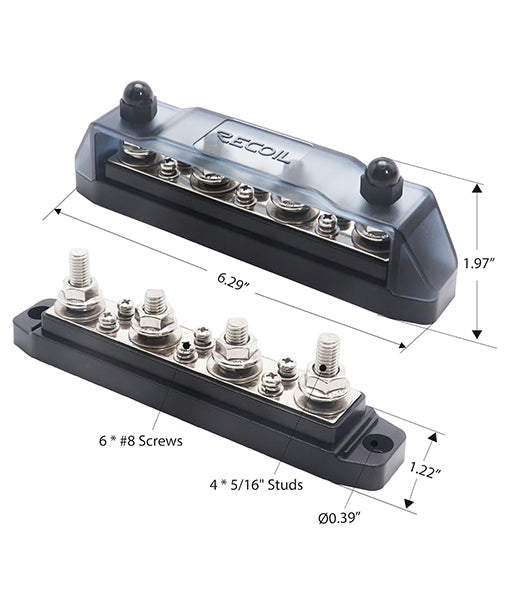 BB46P - Busbar 4 X 3/8” Studs 6 X #8 Screw Terminals Red & 4 X 5/16” Studs 6 X #8 Screw Terminals Black Power Distribution Block with Ring Terminals (pair)