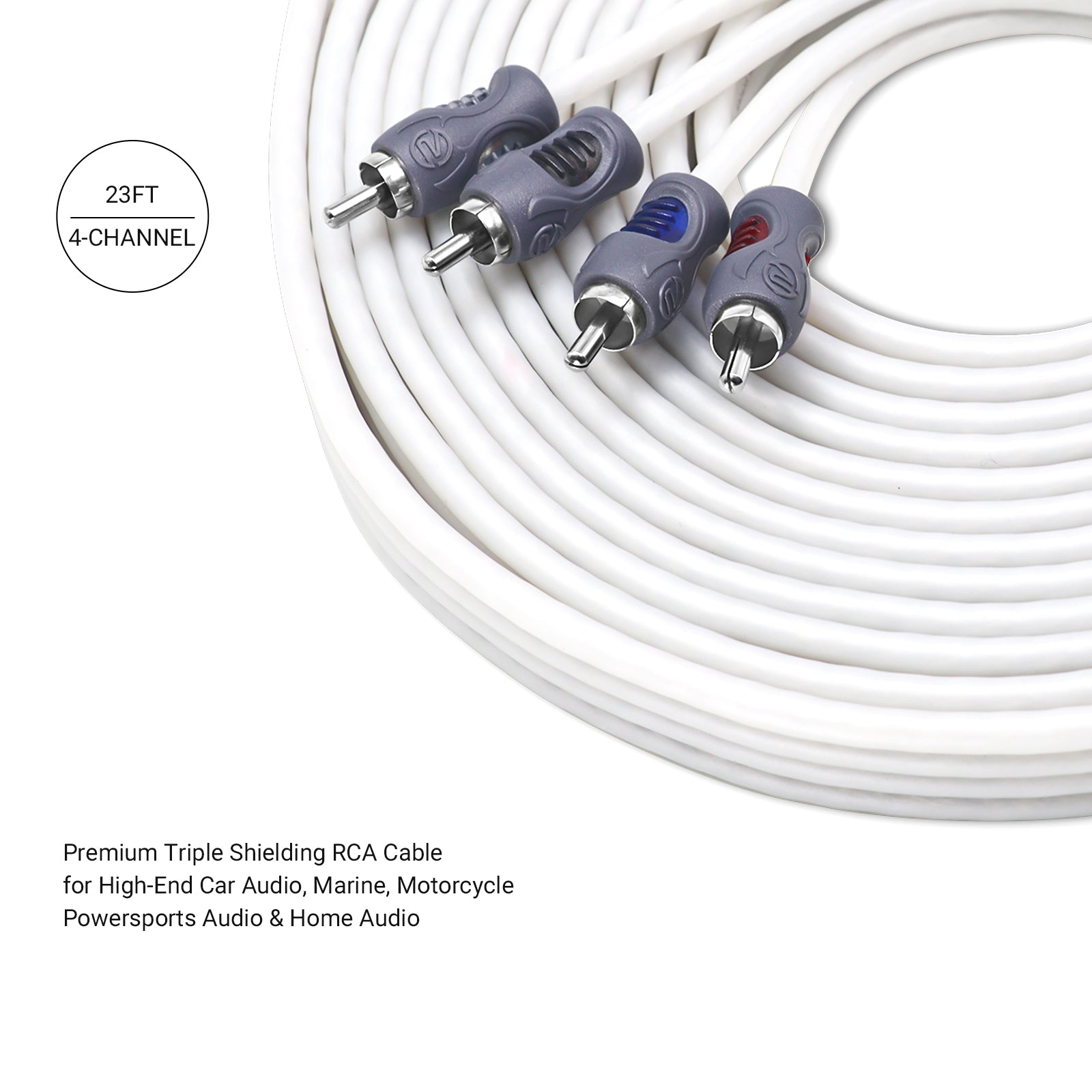 RMI423 - Echo Plus Series Tinned Oxygen Free Copper 4-channel 23ft RCA Audio Interconnects Cable for High-end Car Audio, Marine, Motorcycle & Utv/atv Audio, Triple-shielded with Noise Rejection