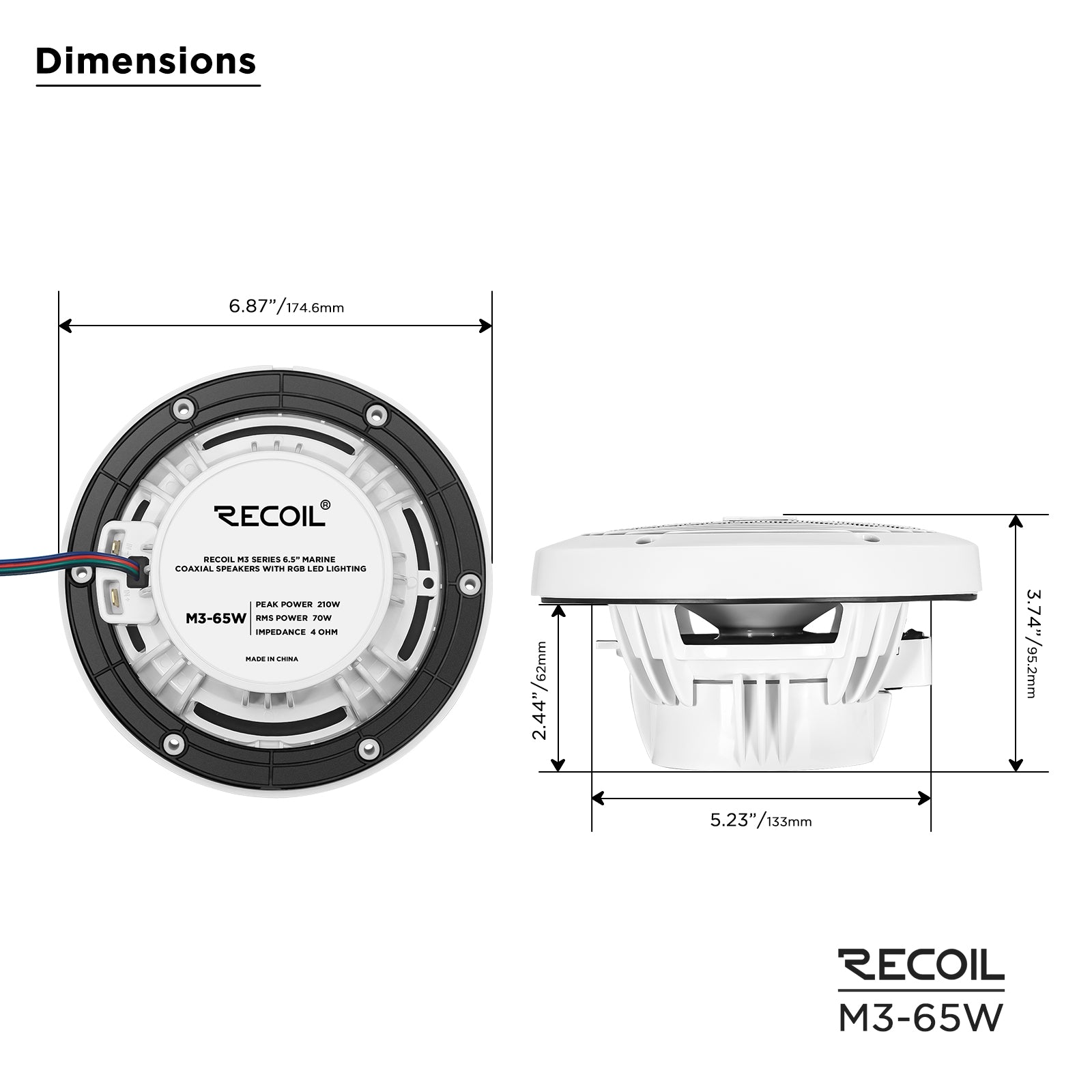 M3-65W - 6.5 Inch 2-way Marine Boat Coaxial Speakers with Built-in RGB LED, Sold in Pair