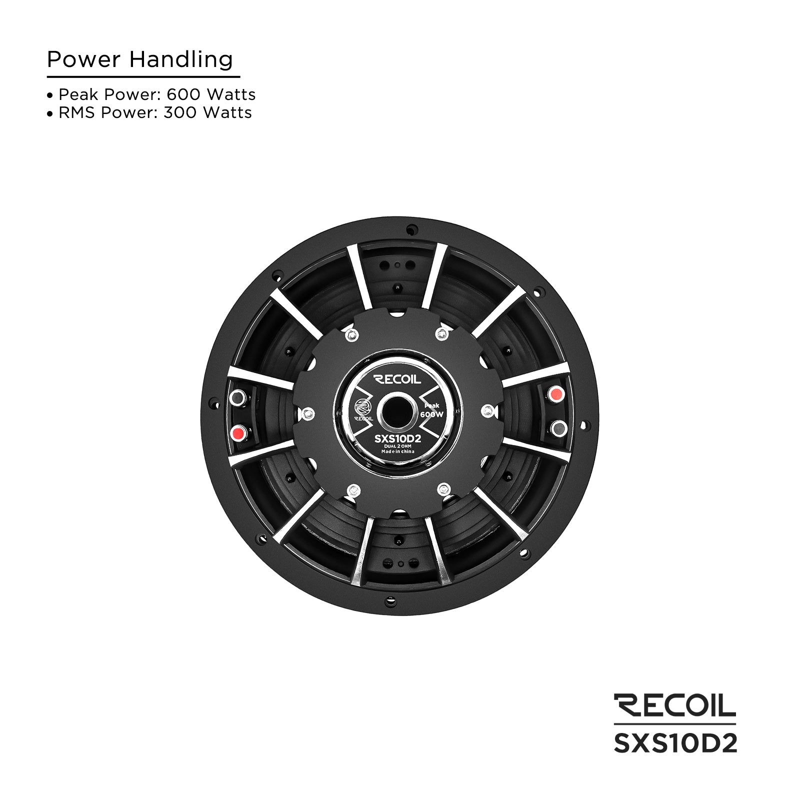 SXS10D2 - Ultra Shallow 10 Inch Subwoofer - 600 Watts Power Dual 2 OHM Voice Coil, 2" Black-coated 6-layer High Temperature Voice Coil