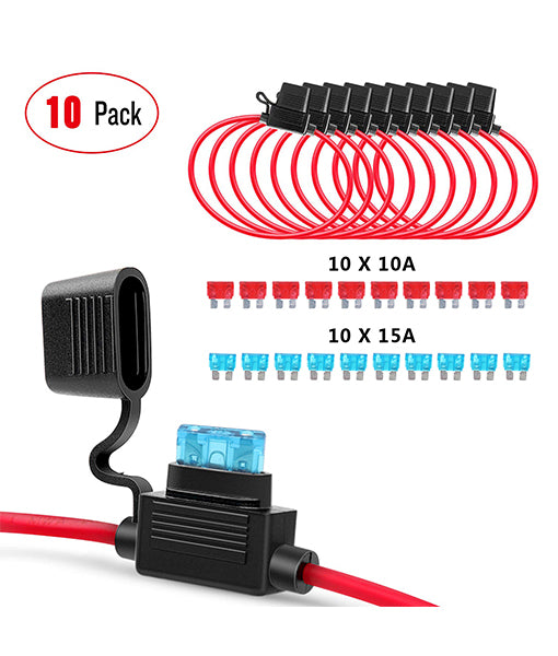 FH16-10 - Atc/ato Inline 16 AWG Fuse Holder with 10pcs 15a & 20a Fuses (10 Pack)