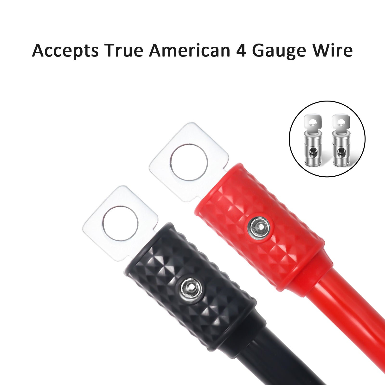HR4P - 4 Gauge Set Screw Brass Ring Terminals Battery Connectors with Red/black Silicon Covers, Marine-grade Satin Chrome Finish, Pair