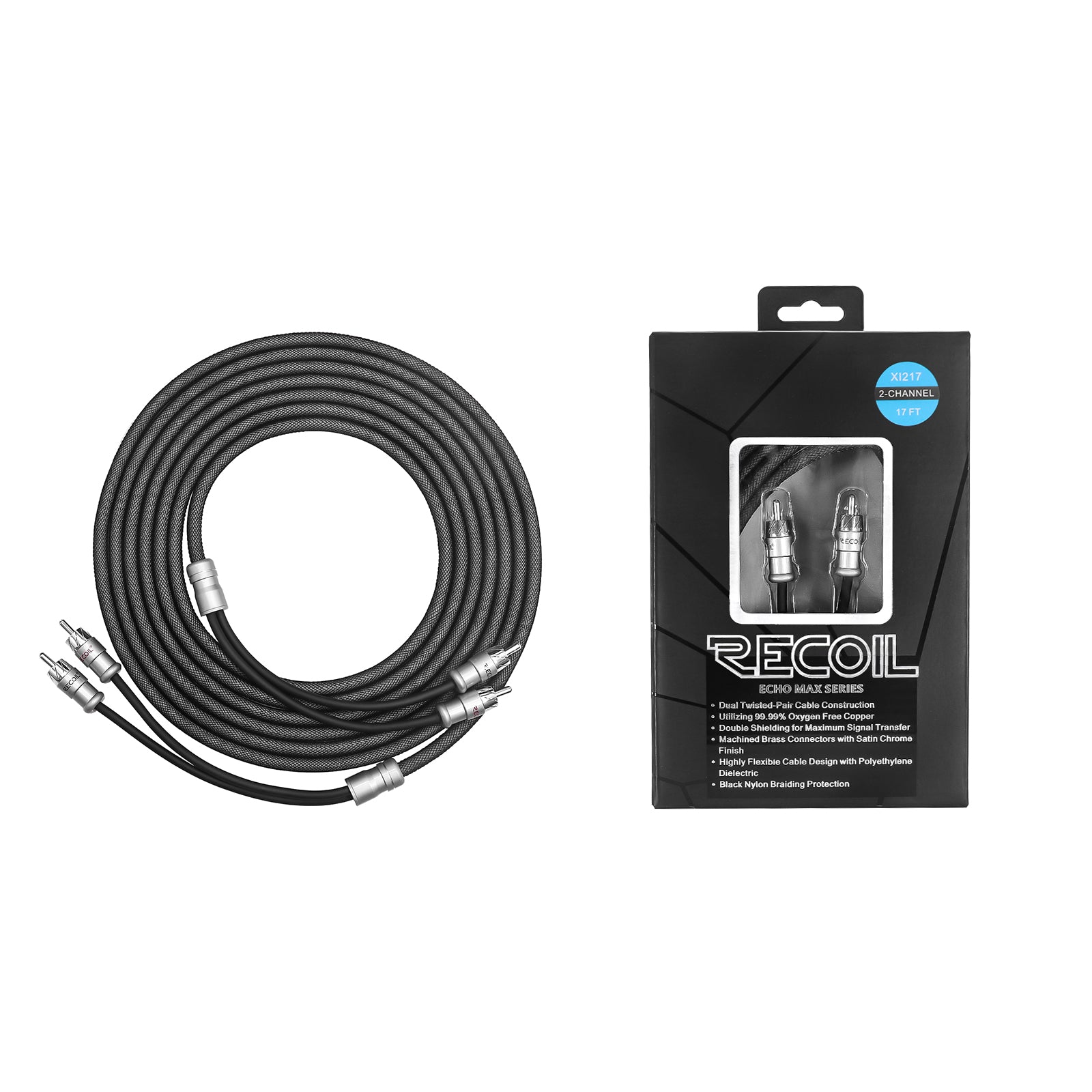 XI212 - Echo Max Series Premium 99.99% Oxygen Free Copper 12ft 2-channel RCA Audio Interconnects Cable, with Machined Brass Connectors & Braided Nylon Jacket