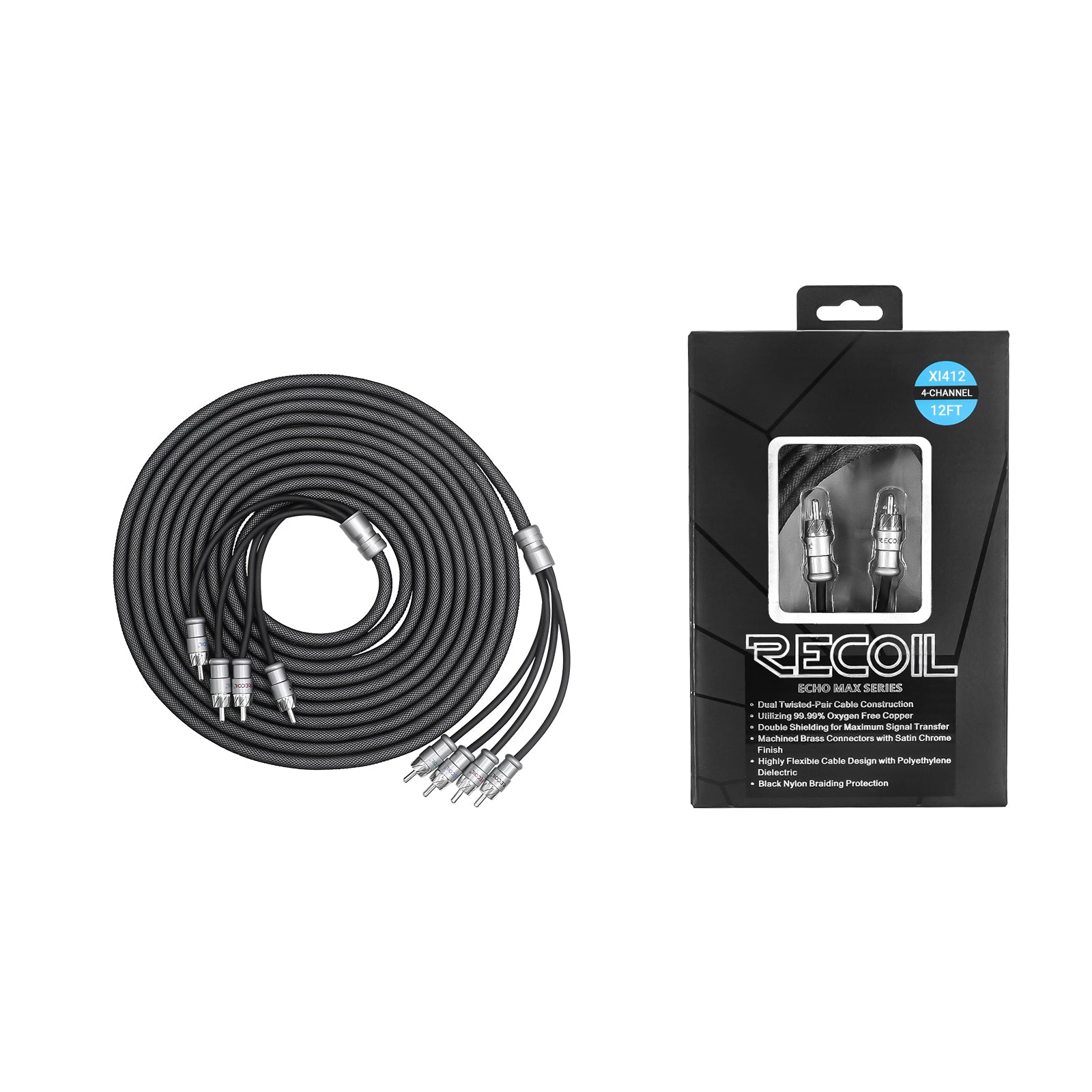 XI412 - Echo Max Series Premium 99.99% Oxygen Free Copper 12ft 4-channel RCA Audio Interconnects Cable, with Machined Brass Connectors & Braided Nylon Jacket