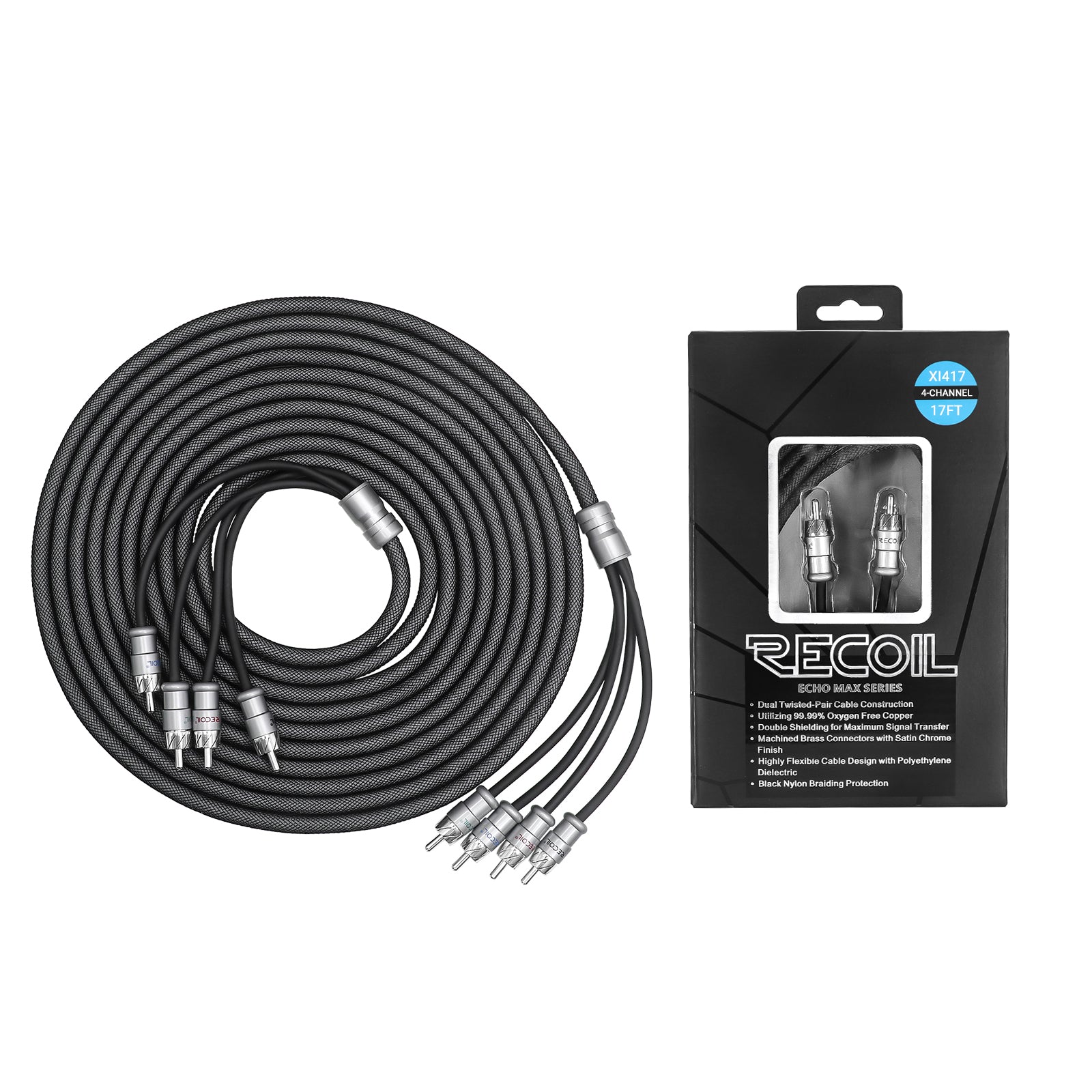 XI417 - Echo Max Series Premium 99.99% Oxygen Free Copper 17ft 4-channel RCA Audio Interconnects Cable, with Machined Brass Connectors & Braided Nylon Jacket