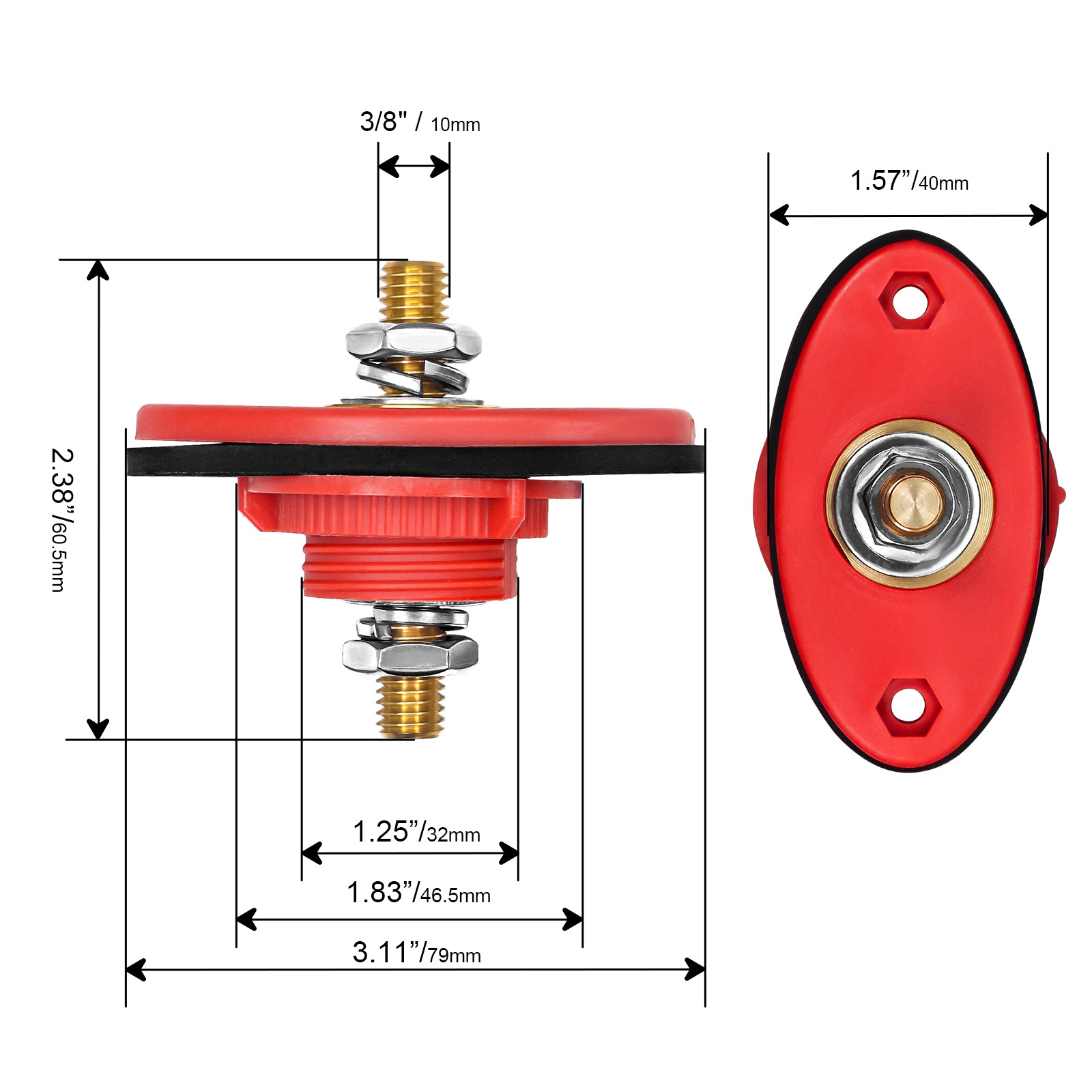 BTTP-38 - Premium High Current 3/8” Feed-thru Panel Battery Terminal Connectors with Silicone Terminal Covers, Red & Black Pair