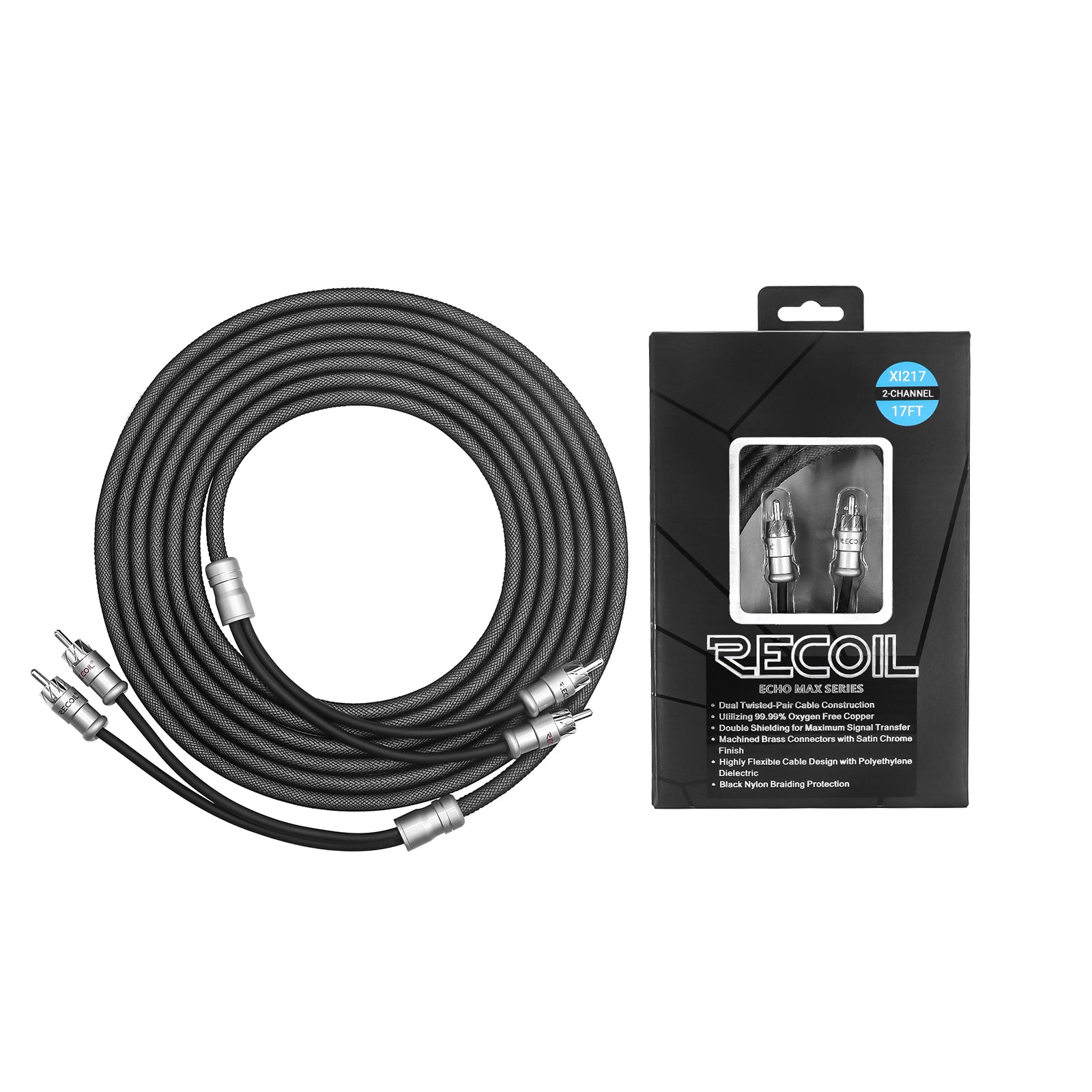 XI217 - Echo Max Series Premium 99.99% Oxygen Free Copper 17ft 2-channel RCA Audio Interconnects Cable, with Machined Brass Connectors & Braided Nylon Jacket