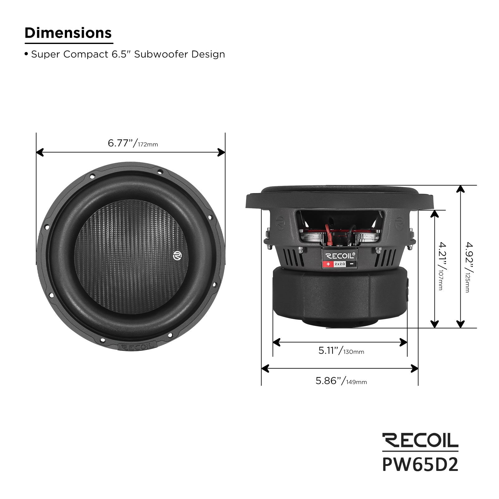 PW65D2 - 6.5 Inch Dual 2 OHM 2" Voice Coil, Car Audio Subwoofer