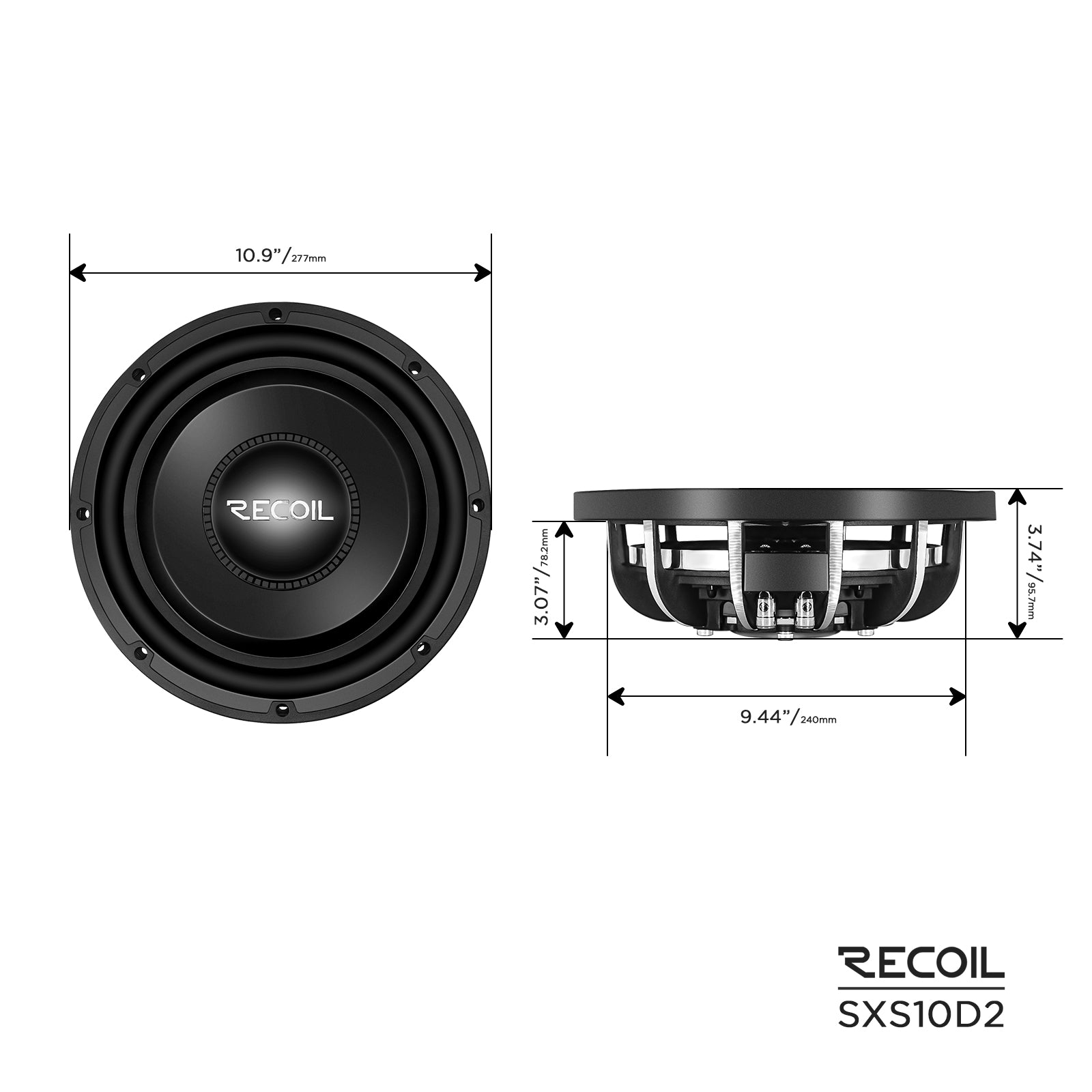 SXS10D2 - Ultra Shallow 10 Inch Subwoofer - 600 Watts Power Dual 2 OHM Voice Coil, 2" Black-coated 6-layer High Temperature Voice Coil
