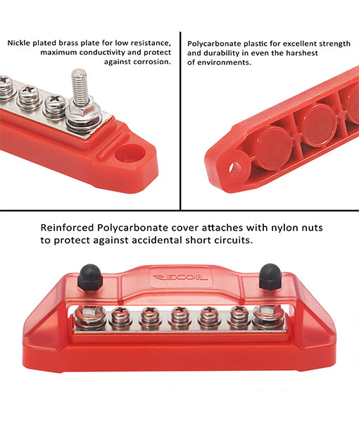 BBS25P - Busbar 2 X 1/4” Studs and 5 Screw Terminals Power Distribution Block with Ring Terminals Pair (red & Black)