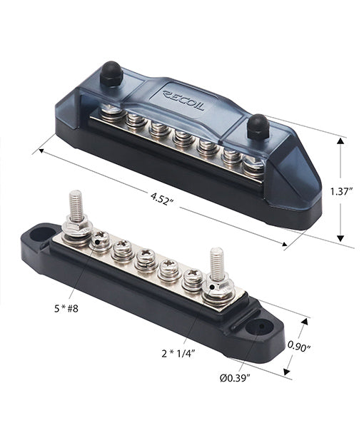 BBS25P - Busbar 2 X 1/4” Studs and 5 Screw Terminals Power Distribution Block with Ring Terminals Pair (red & Black)