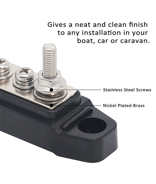 BBS25P - Busbar 2 X 1/4” Studs and 5 Screw Terminals Power Distribution Block with Ring Terminals Pair (red & Black)