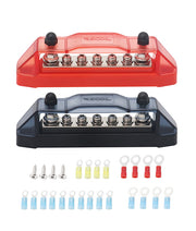 BBS25P - Busbar 2 X 1/4” Studs and 5 Screw Terminals Power Distribution Block with Ring Terminals Pair (red & Black)