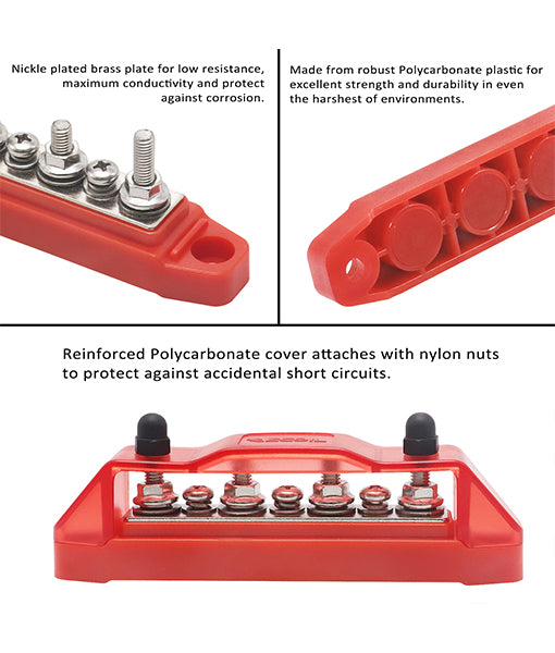 BBS43-R - Busbar 4 X 1/4” Studs, 3 X #8 Screw Terminals Power Distribution Block with Ring Terminals Single (red)