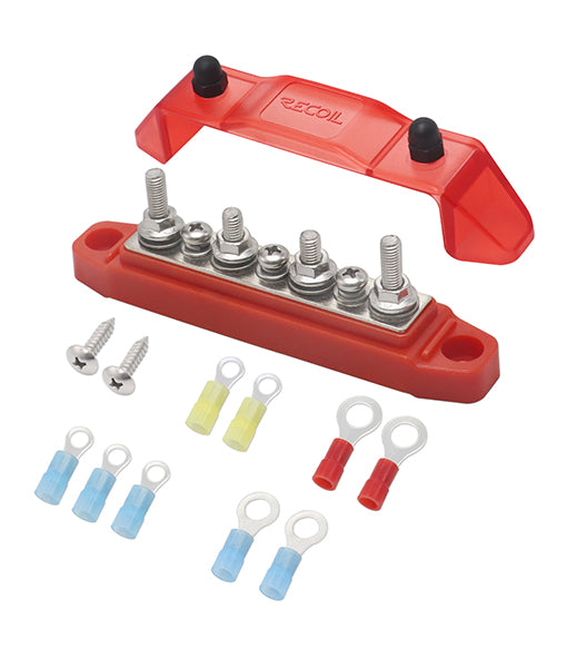 BBS43-R - Busbar 4 X 1/4” Studs, 3 X #8 Screw Terminals Power Distribution Block with Ring Terminals Single (red)