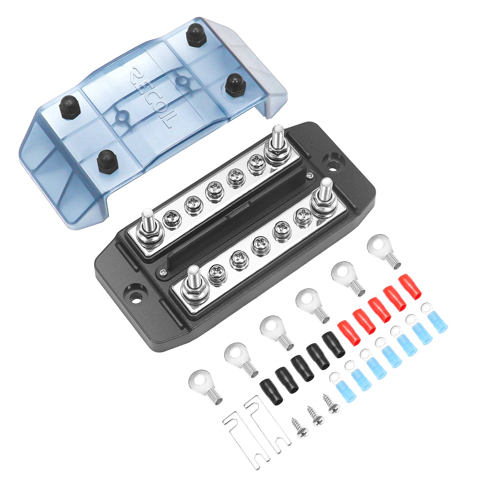DBBS25 - Dual Row Busbar Positive and Negative 2 X M5 Studs 5 X #8 Screw Terminals Power and Ground Distribution Block with Ring Terminals (red & Black)
