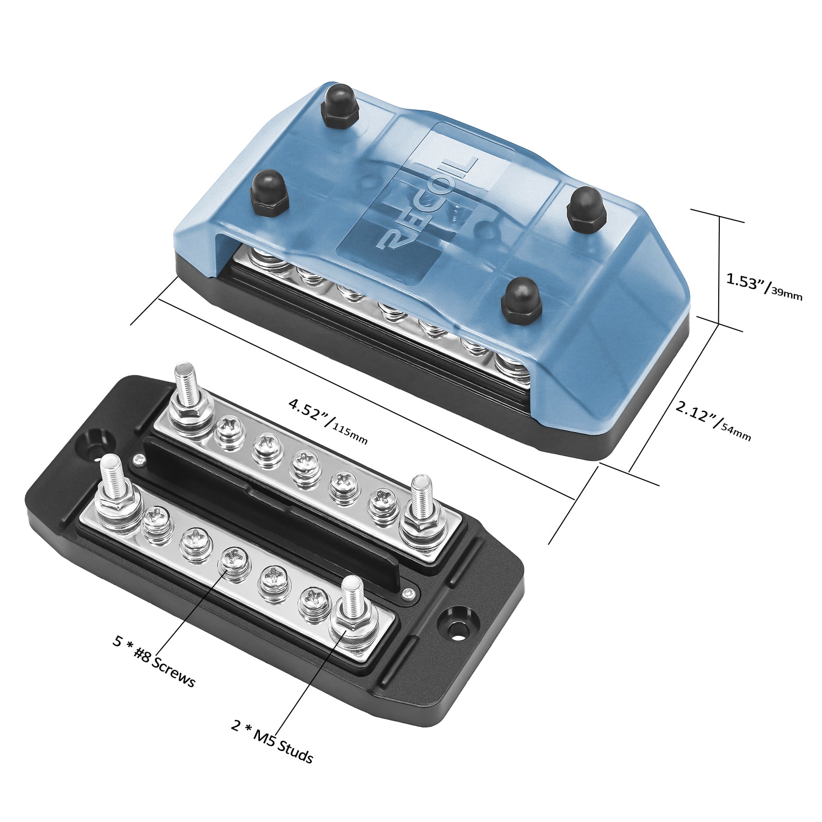 DBBS25 - Dual Row Busbar Positive and Negative 2 X M5 Studs 5 X #8 Screw Terminals Power and Ground Distribution Block with Ring Terminals (red & Black)