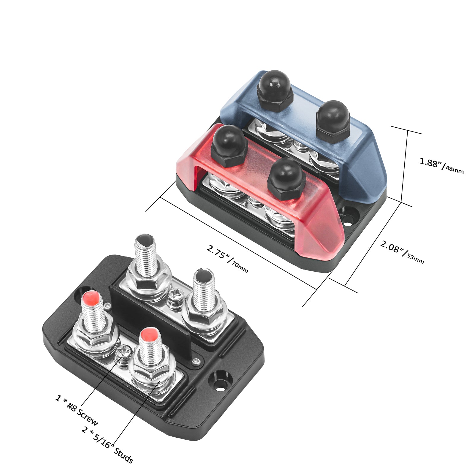 DS21-516 - Dual Row Busbar Positive and Negative 2 X 5/16” Studs 1 X #8 Screw Terminals Power and Ground Distribution Block with Ring Terminals (red & Black)