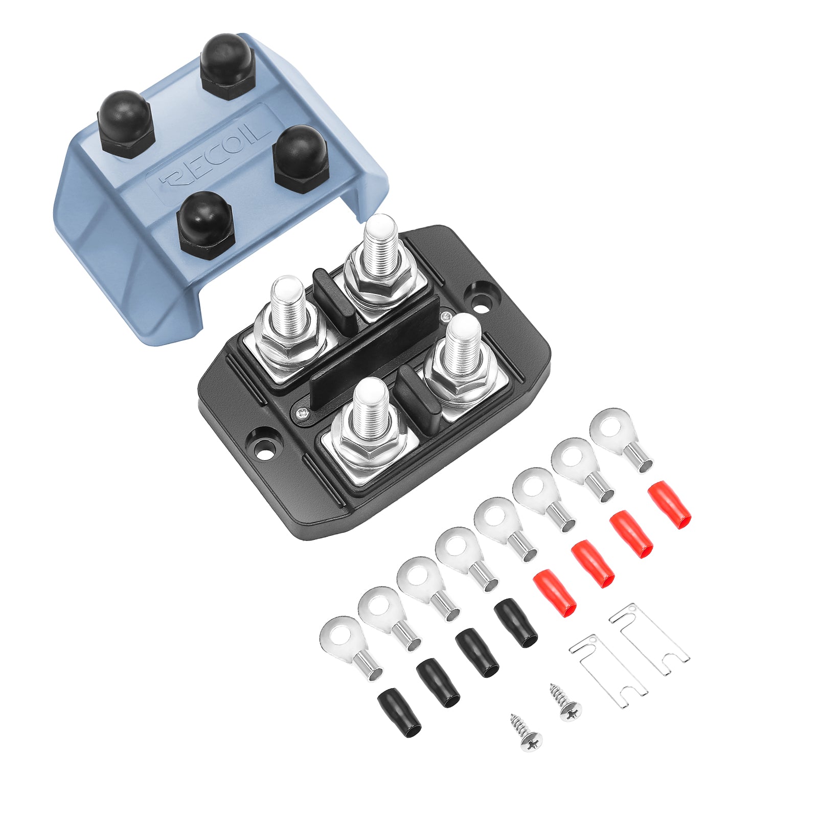 DSI2-516 - 4-way Insulated Busbar 4 X 5/16” Studs Power and Ground Distribution Block with Divider, Jumper and Ring Terminals