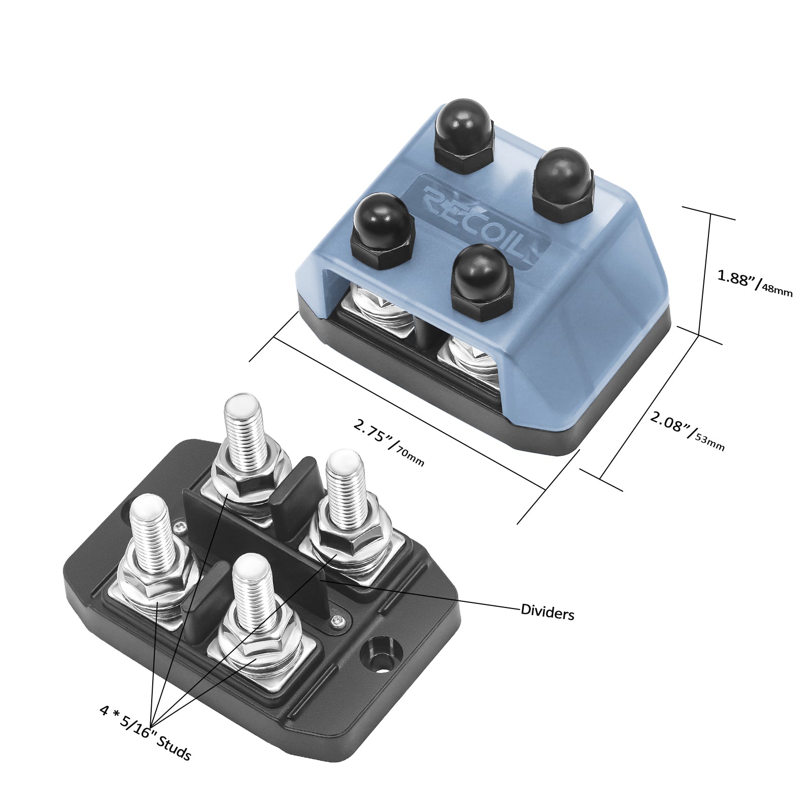 DSI2-516 - 4-way Insulated Busbar 4 X 5/16” Studs Power and Ground Distribution Block with Divider, Jumper and Ring Terminals