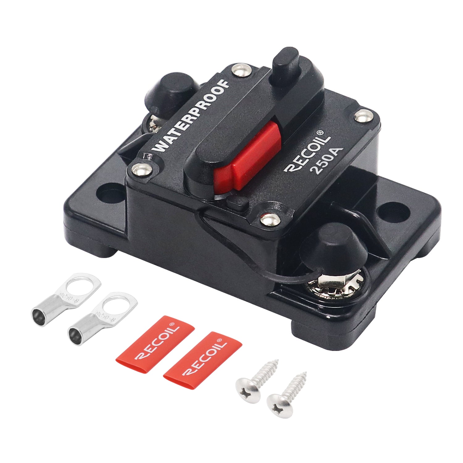 RCB250 - Amp Waterproof Circuit Breaker with Switch Manual Reset for Car RV Marine Automotive Stereo Audio Electronic System Include Ring Terminal Heat Shrink Sleeve and Screws