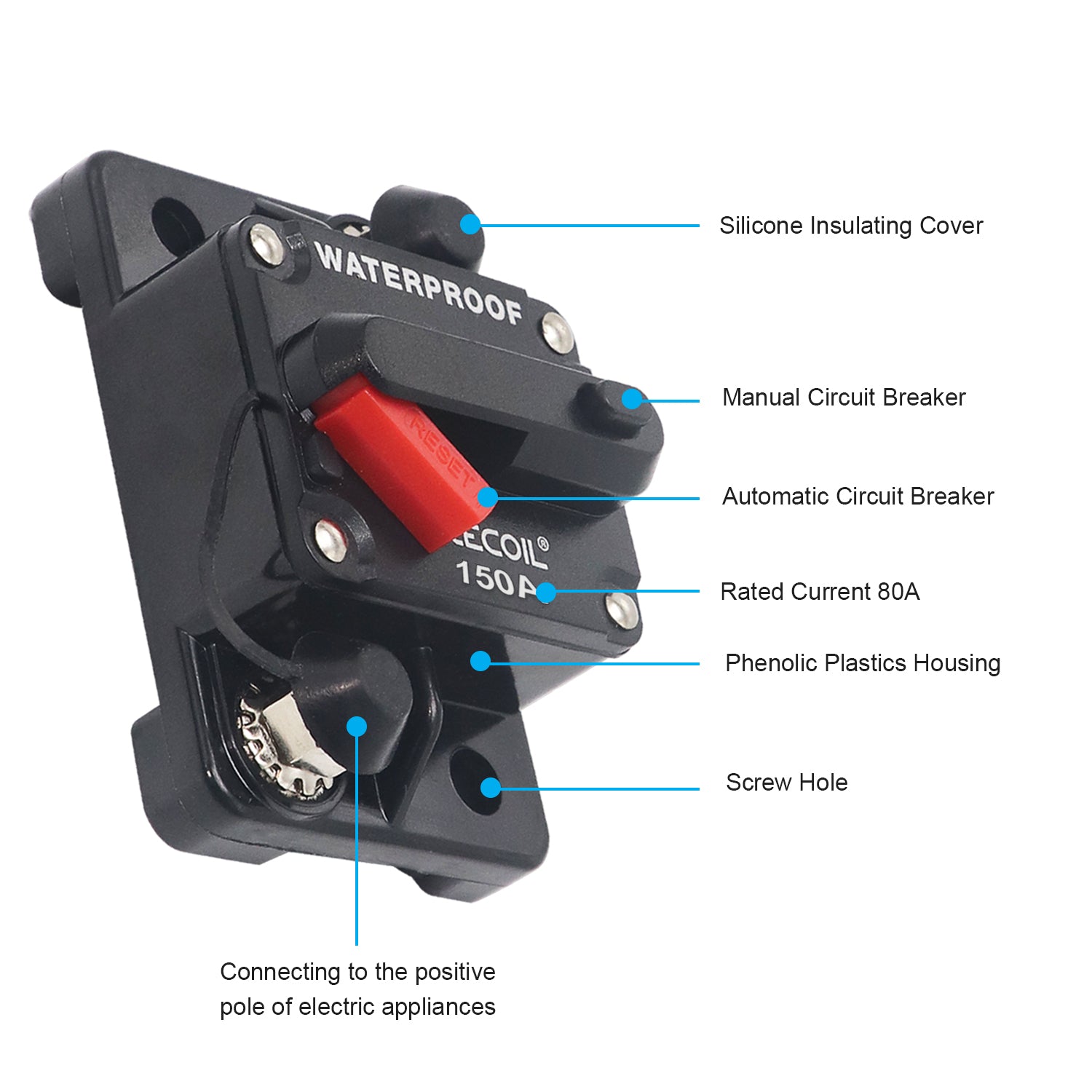 RCB150 - Amp Waterproof Circuit Breaker with Switch Manual Reset for Car RV Marine Automotive Stereo Audio Electronic System Include Ring Terminal Heat Shrink Sleeve and Screws