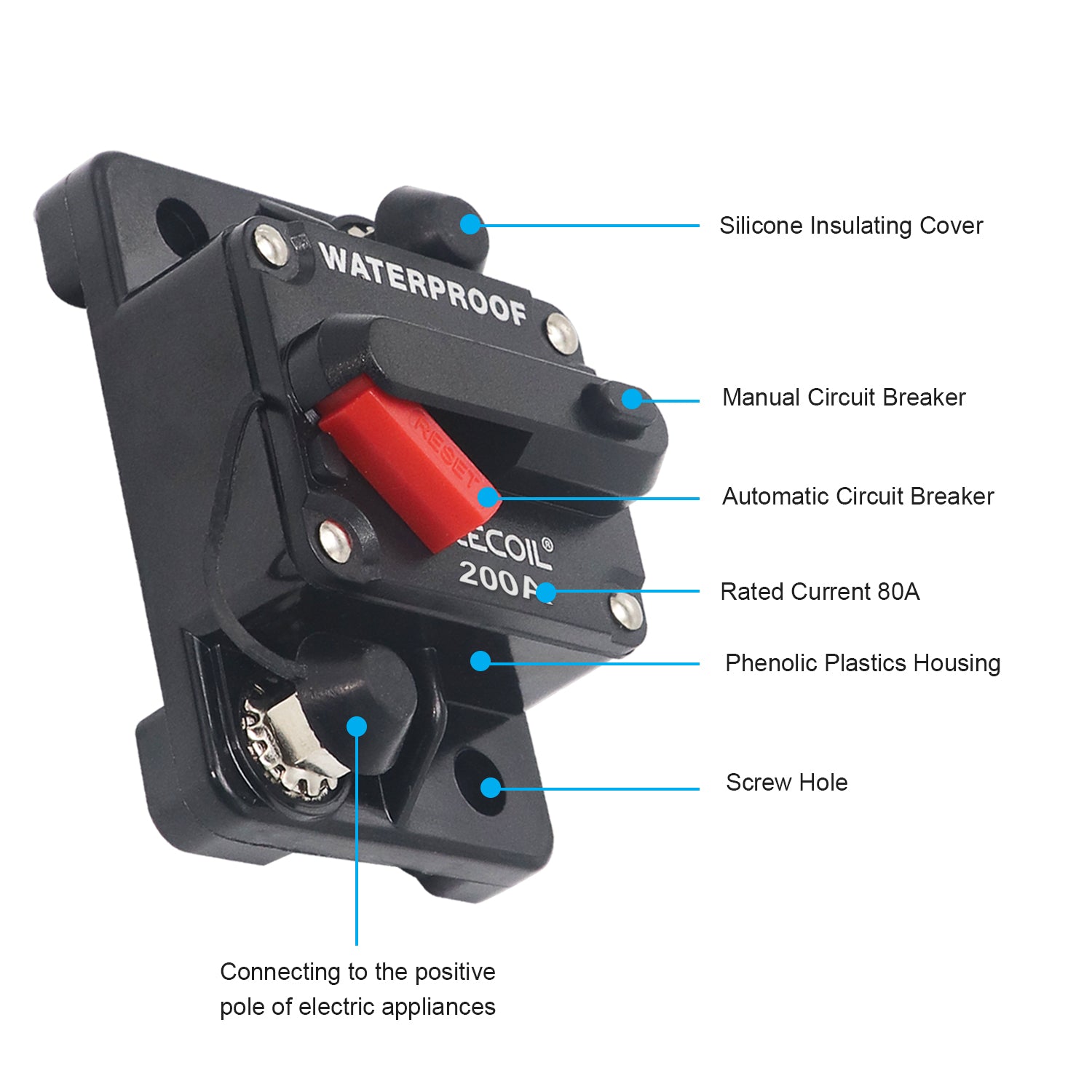 RCB200 - Amp Waterproof Circuit Breaker with Switch Manual Reset for Car RV Marine Automotive Stereo Audio Electronic System Include Ring Terminal Heat Shrink Sleeve and Screws
