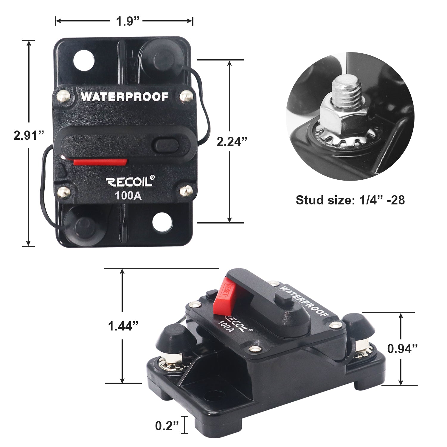 RCB100 - Amp Waterproof Circuit Breaker with Switch Manual Reset for Car RV Marine Automotive Stereo Audio Electronic System Include Ring Terminal Heat Shrink Sleeve and Screws