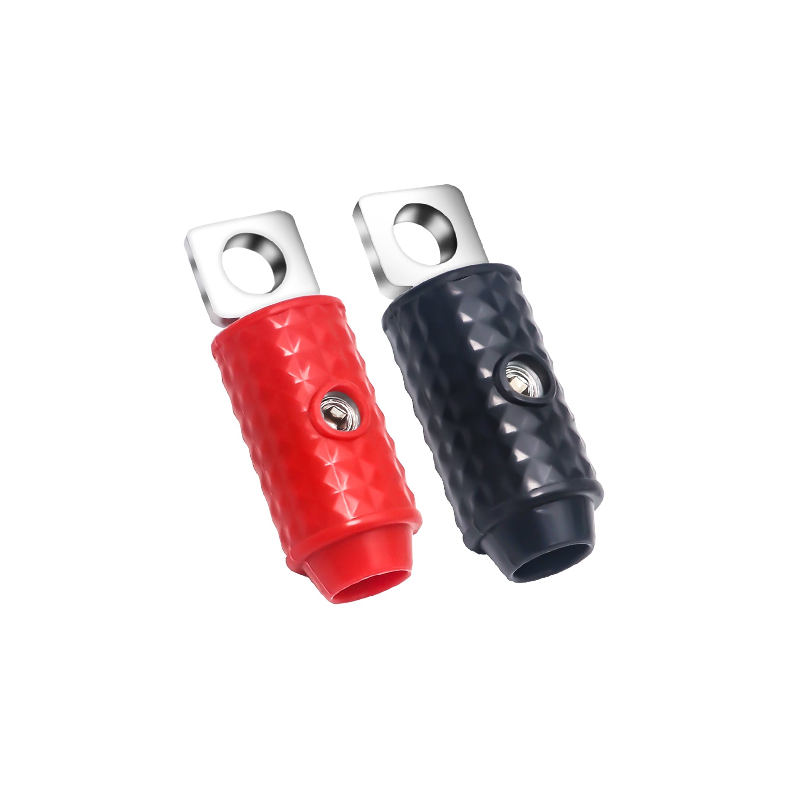 HR0P - 1/0 Gauge Set Screw Brass Ring Terminals Battery Connectors with Red/black Silicon Covers, Marine-grade Satin Chrome Finish, Pair