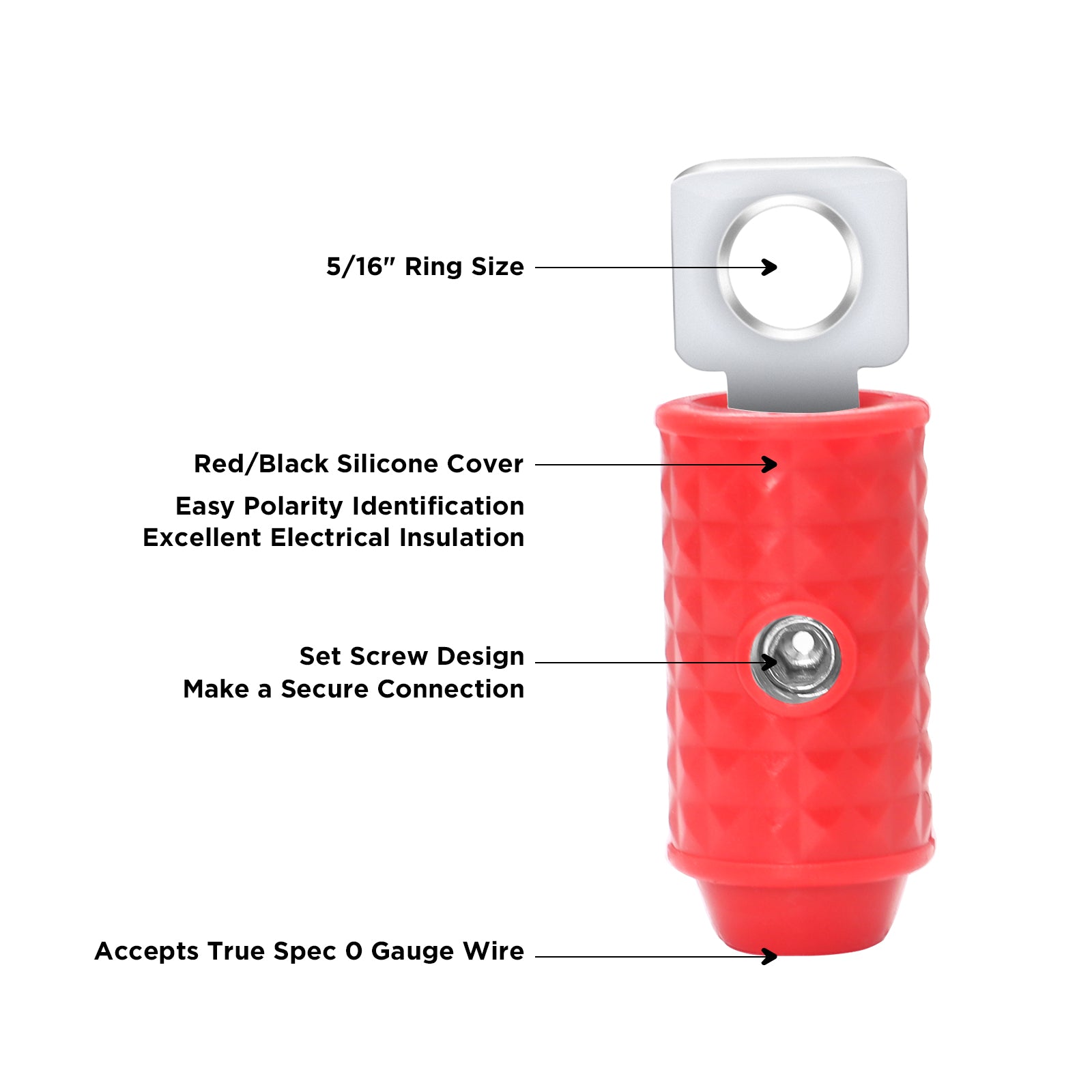 HR0P - 1/0 Gauge Set Screw Brass Ring Terminals Battery Connectors with Red/black Silicon Covers, Marine-grade Satin Chrome Finish, Pair