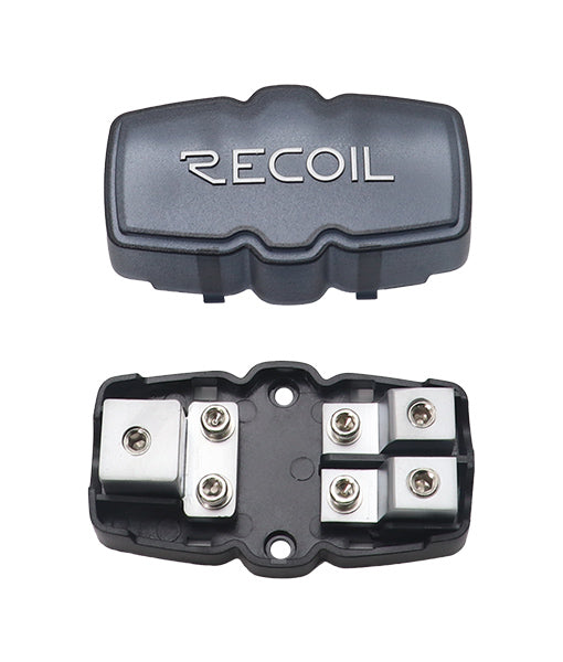 MFH12 - Recoil 2 Way Mini-anl Fused Distribution Block, 1 X 0/2/4 Gauge in / 2 X 4/8 Gauge Out Fused Distribution Block with 60a, 80a, 100a Fuses, Solid Brass for Maximum Power Transfer