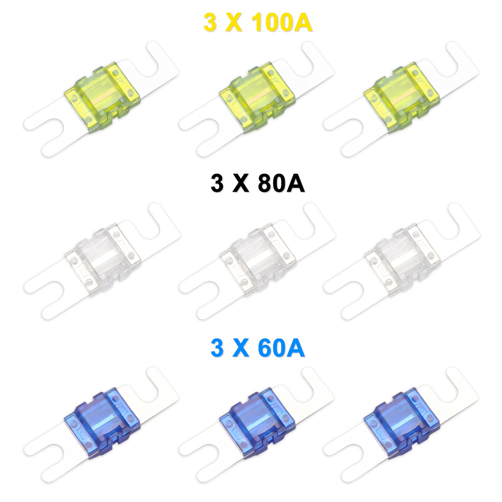 MFH13 - 3-way Mini-anl Fused Distribution Block, 3 X 0/2/4 Gauge in / 3 X 4/8 Gauge Out Fused Distribution Block with 60a, 80a, 100a Fuses, Solid Brass for Maximum Power Transfer