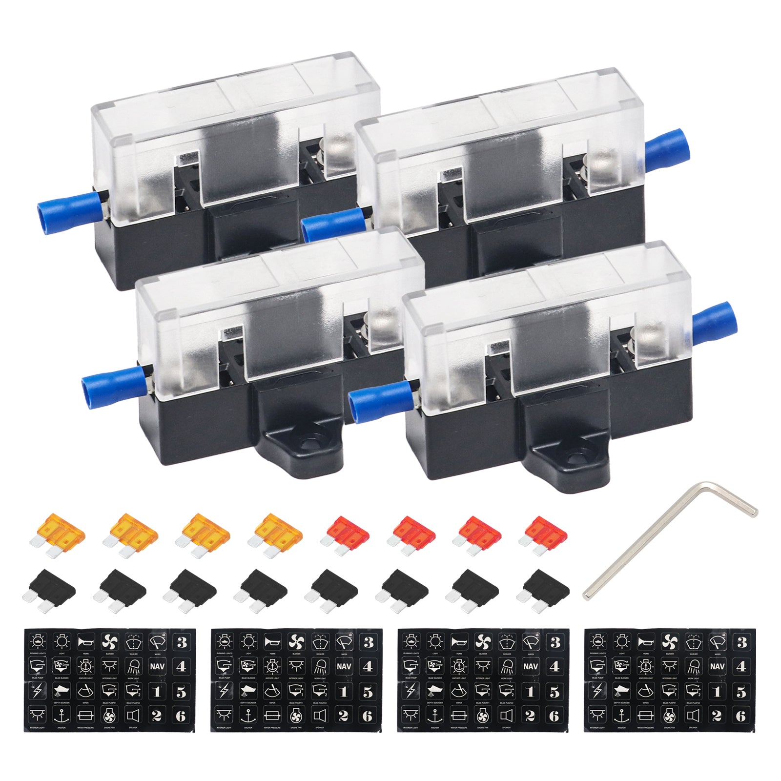 MOD-AK4 - 4 Pack Modular Expandable Atc/ato Inline Fuse Holders, Adding Circuits with Jumpers to Create Any Power and Ground Distribution Block, 5a and 10a Atc/ato Fuses, Decals and Spade Connectors Included