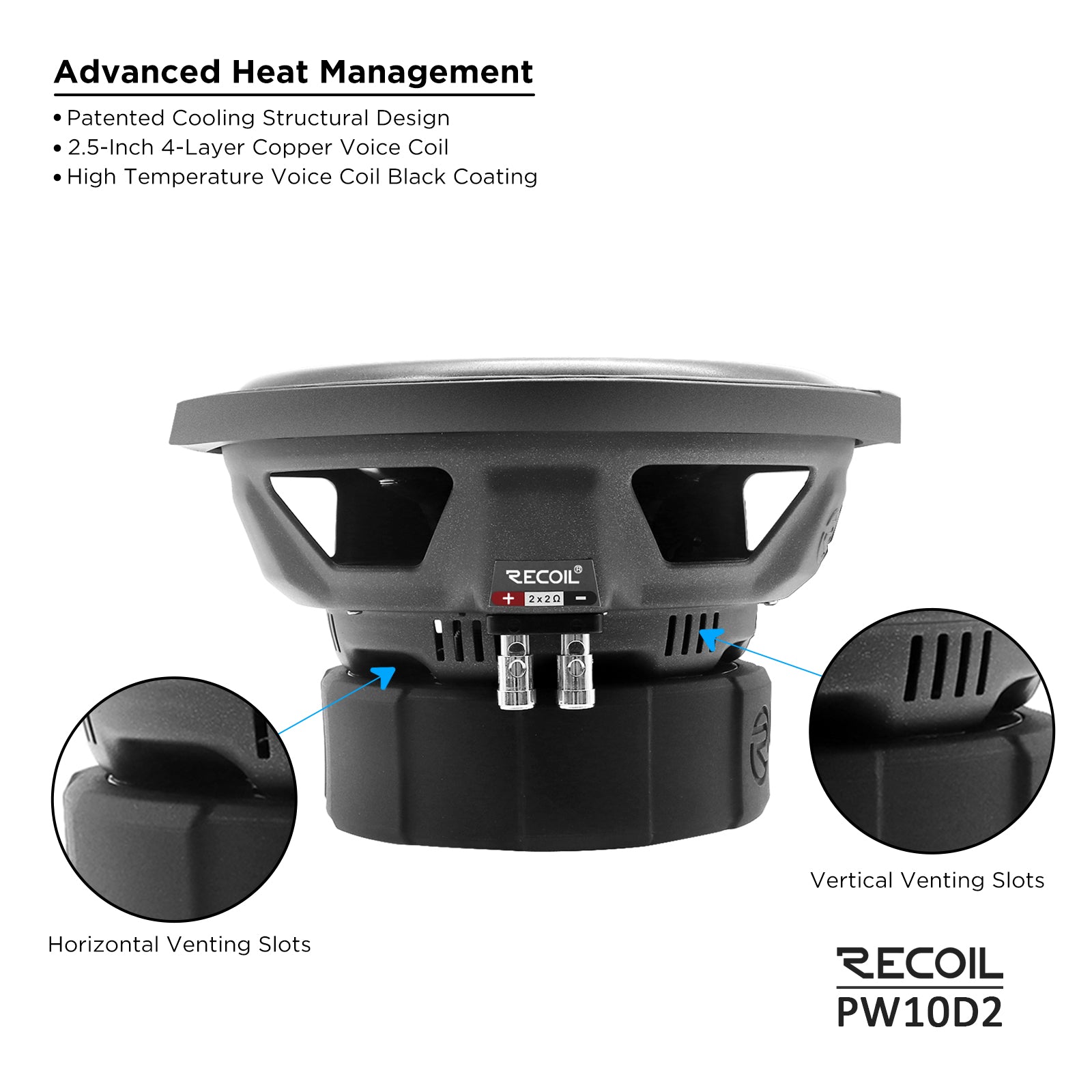 PW10D2 - Echo Pro 10 Inch Subwoofer - 1,200 Watts Power Dual 2 OHM Voice Coil, 2.5" Black-coated 4 Layer High Temperature Voice Coil, Competition Grade Impp Cone