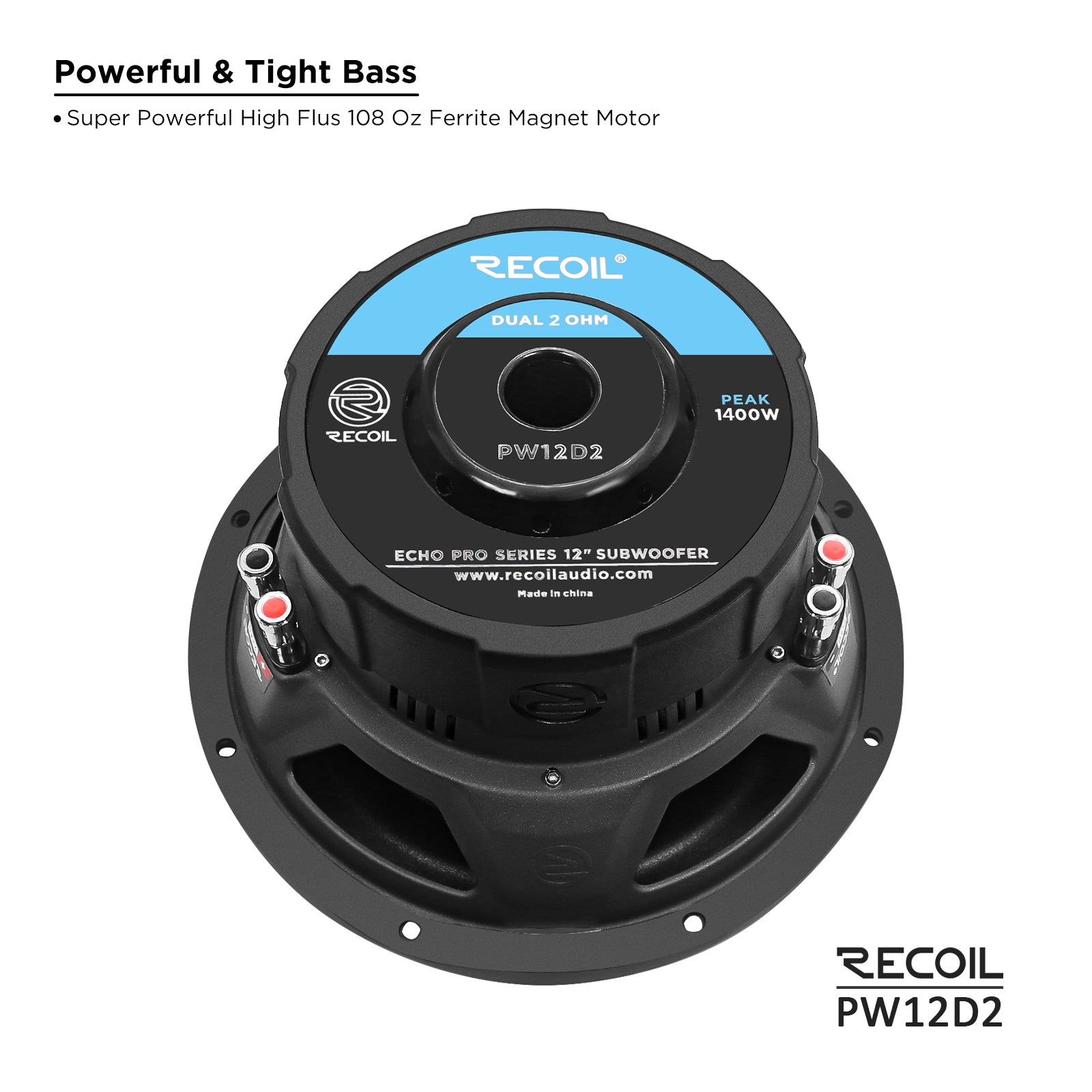 PW12D2 - Echo Pro 12 Inch Subwoofer - 1,400 Watts Power Dual 2 OHM Voice Coil, 2.5" Black-coated 4 Layer High Temperature Voice Coil, Competition Grade Impp Cone