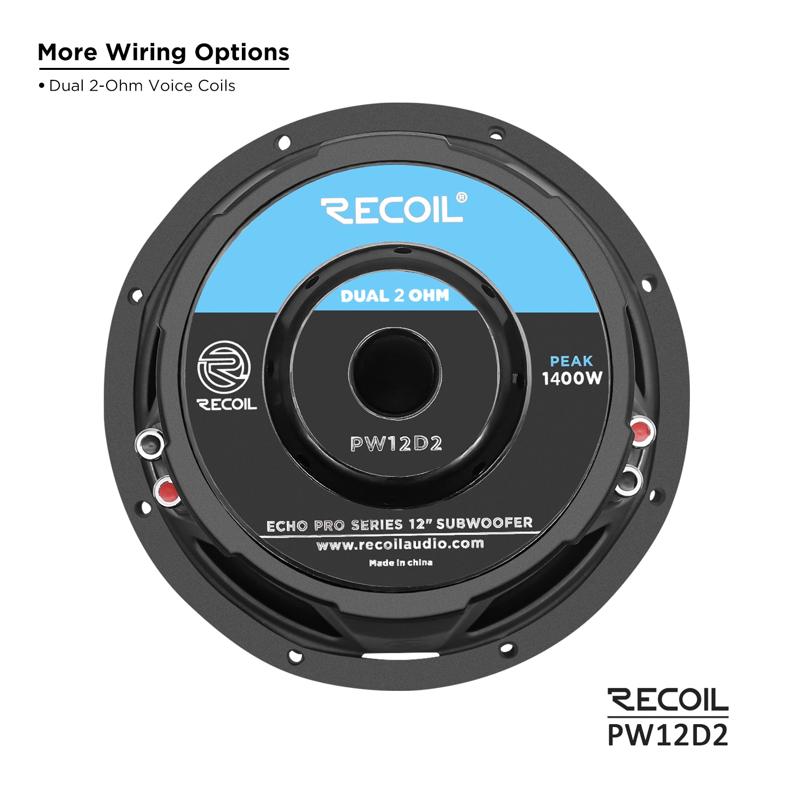 PW12D2 - Echo Pro 12 Inch Subwoofer - 1,400 Watts Power Dual 2 OHM Voice Coil, 2.5" Black-coated 4 Layer High Temperature Voice Coil, Competition Grade Impp Cone
