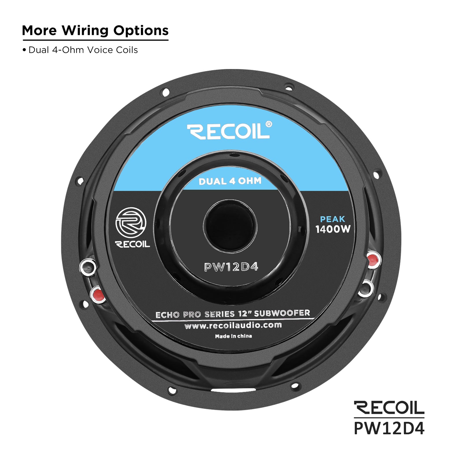 PW12D4 - Echo Pro 12 Inch Subwoofer - 1,400 Watts Power Dual 4 OHM Voice Coil, 2.5" Black-coated 4 Layer High Temperature Voice Coil, Competition Grade Impp Cone