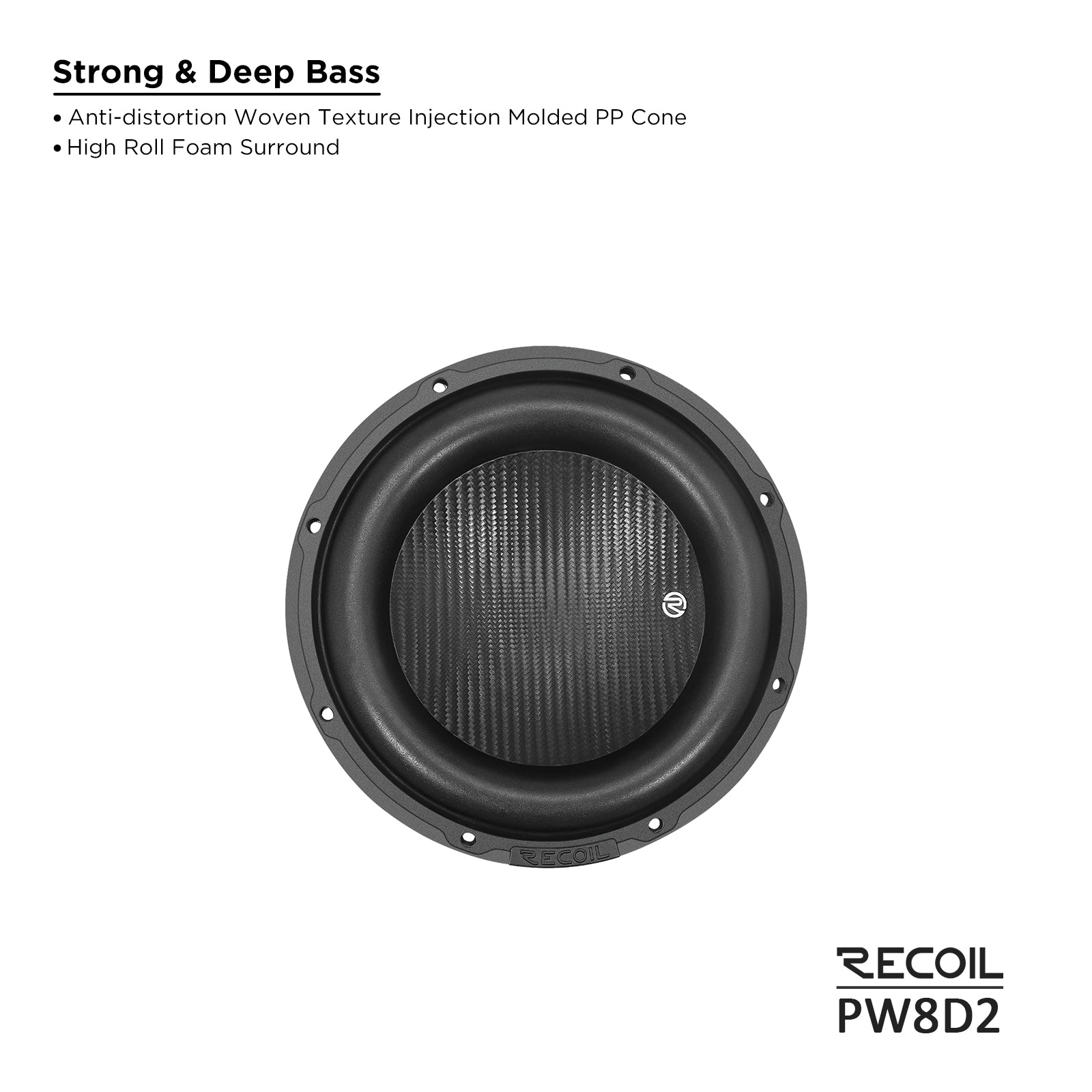 PW8D2 - Echo Pro 8 Inch Subwoofer - 800 Watts Power Dual 2 OHM Voice Coil, 2" Black-coated 4 Layer High Temperature Voice Coil, Competition Grade Impp Cone