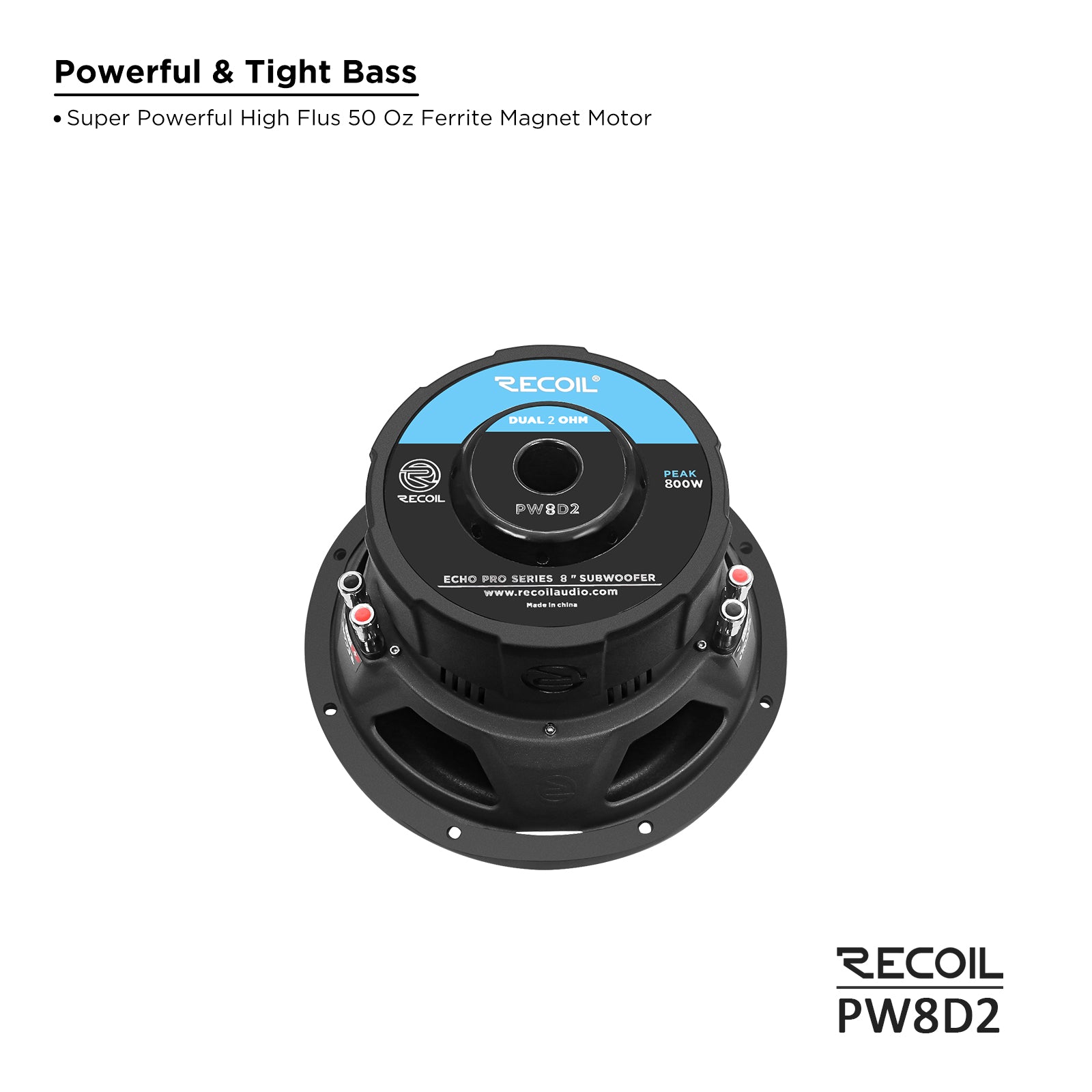 PW8D2 - Echo Pro 8 Inch Subwoofer - 800 Watts Power Dual 2 OHM Voice Coil, 2" Black-coated 4 Layer High Temperature Voice Coil, Competition Grade Impp Cone