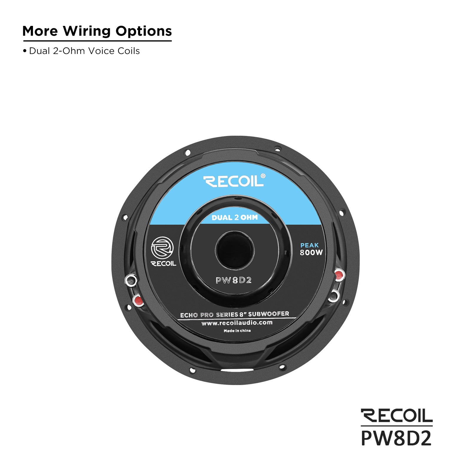 PW8D2 - Echo Pro 8 Inch Subwoofer - 800 Watts Power Dual 2 OHM Voice Coil, 2" Black-coated 4 Layer High Temperature Voice Coil, Competition Grade Impp Cone