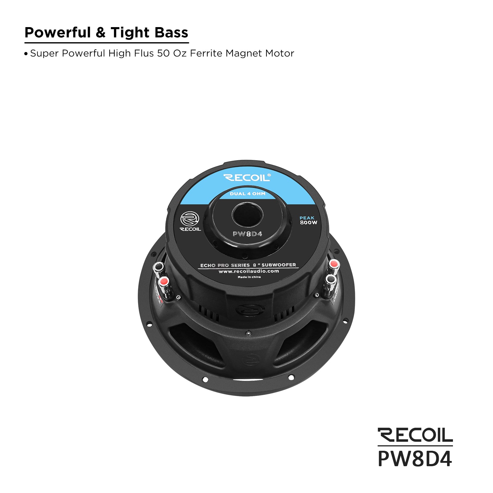 PW8D4 - Echo Pro 8 Inch Subwoofer - 800 Watts Power Dual 4 OHM Voice Coil, 2" Black-coated 4 Layer High Temperature Voice Coil, Competition Grade Impp Cone