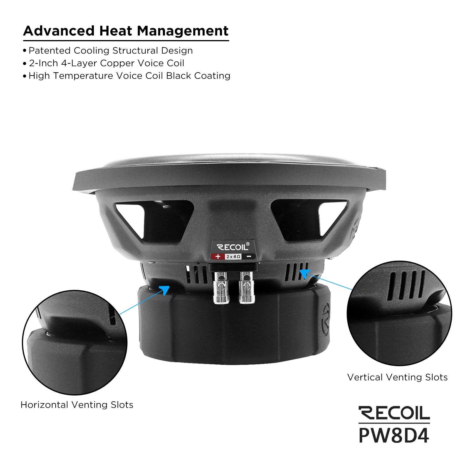 PW8D4 - Echo Pro 8 Inch Subwoofer - 800 Watts Power Dual 4 OHM Voice Coil, 2" Black-coated 4 Layer High Temperature Voice Coil, Competition Grade Impp Cone