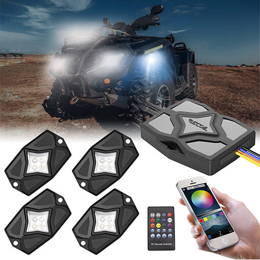 RLK4 - Waterproof Rgbw LED Rock Lights 4 Pods, Underglow Multicolor LED Light for Car Truck ATV UTV Suv Off-road Boat, Bluetooth App and Rf Remote Controller, Music Mode