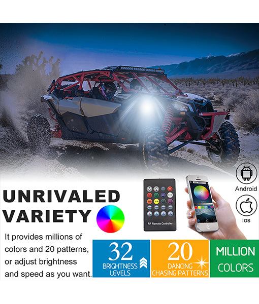 RLK4 - Waterproof Rgbw LED Rock Lights 4 Pods, Underglow Multicolor LED Light for Car Truck ATV UTV Suv Off-road Boat, Bluetooth App and Rf Remote Controller, Music Mode